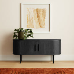 TV Stand with Sliding Doors, Solid and Engineered Wood in Black Oak