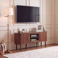 TV Stand with Sliding Tambour Doors and Glass Door, Walnut