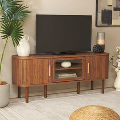 TV Stand with Sliding Tambour Doors and Glass Door, Walnut