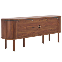 TV Stand with Sliding Tambour Doors and Glass Door, Walnut