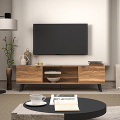 TV Stand with Two Cabinets, 71 Inch Wide, Brown Wood