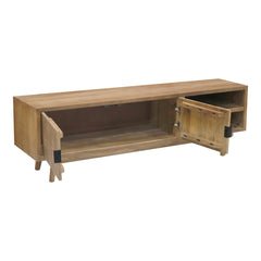 TV Stand with Two Doors and Two Open Shelves in Brown Solid Wood