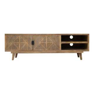 TV Stand with Two Doors and Two Open Shelves in Brown Solid Wood