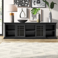 TV Stand with Two Glass Door Cabinets in Black Engineered Wood