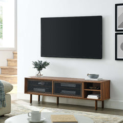 TV Stand, Wood with Metal Mesh Doors, Walnut and Black