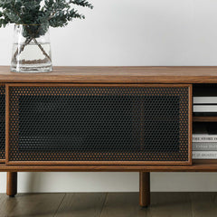 TV Stand, Wood with Metal Mesh Doors, Walnut and Black
