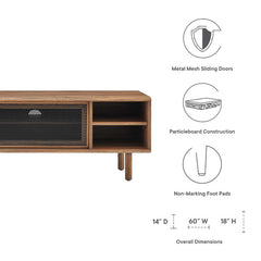 TV Stand, Wood with Metal Mesh Doors, Walnut and Black