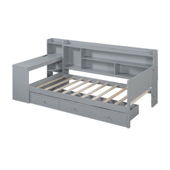 Twin Storage Bed with Desk, 3 Drawers, Solid and Manufactured Wood, Gray