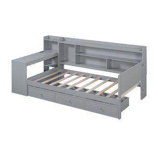 Twin Storage Bed with Desk, 3 Drawers, Solid and Manufactured Wood, Gray