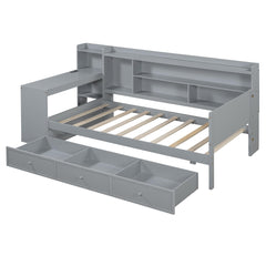 Twin Storage Bed with Desk, 3 Drawers, Solid and Manufactured Wood, Gray