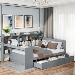 Twin Storage Bed with Desk, 3 Drawers, Solid and Manufactured Wood, Gray