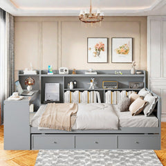 Twin Storage Bed with Desk, 3 Drawers, Solid and Manufactured Wood, Gray