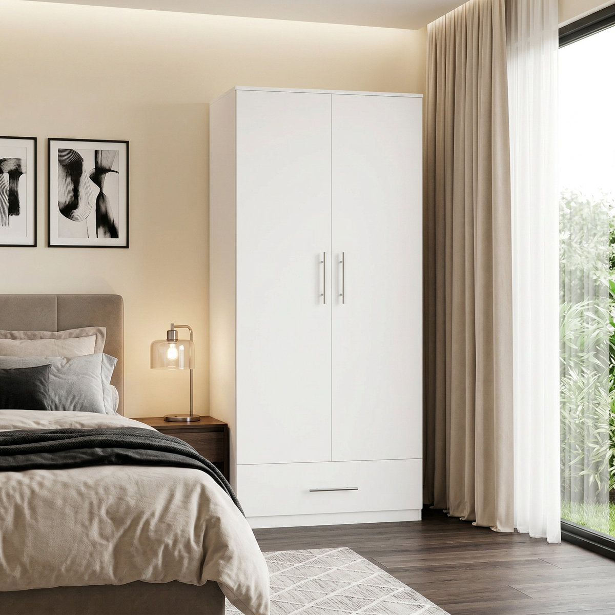 Two-Door Armoire with Hanging Rod and Drawer, White