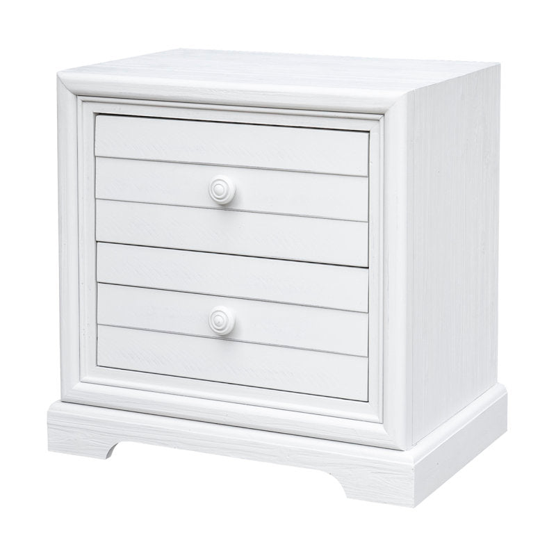 Two-Drawer Nightstand, Solid Wood, USB Port, Distressed White