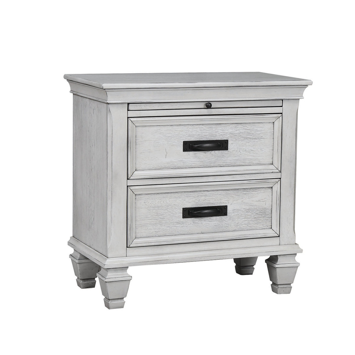 Two-Drawer Nightstand, White Distressed Pine and MDF, Black Handles