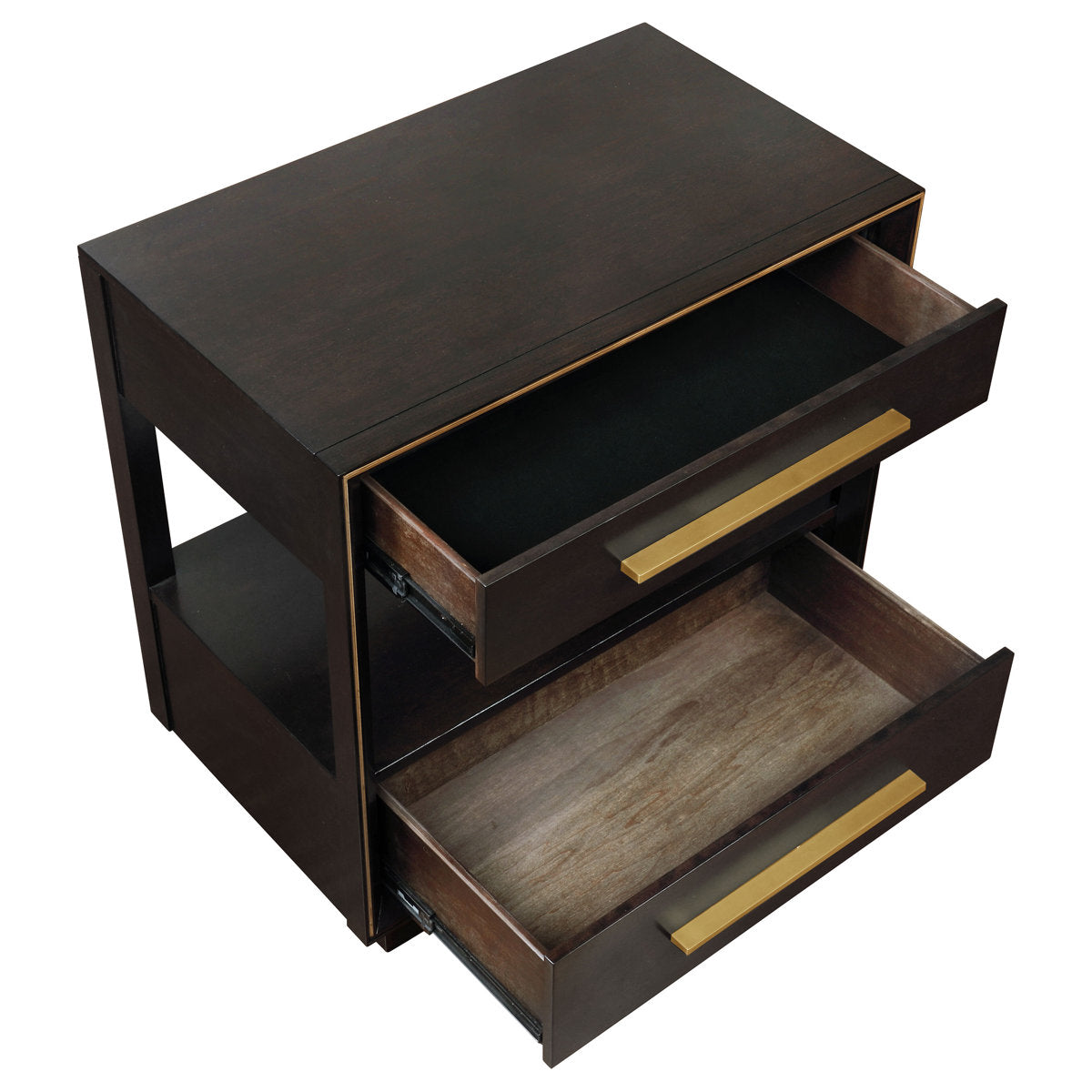 Two-Drawer Nightstand with Open Shelf, MDF and Wood, Dark Brown