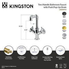 Two-Handle Bathroom Faucet, Fuller, 1-Hole with Push Pop-Up Drain in Polished Chrome