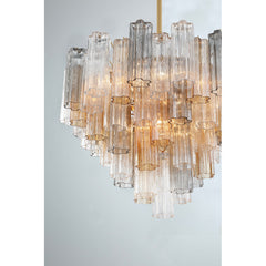 Two-Tier Chandelier with 12 Lights and Glass Tubes in Aged Brass