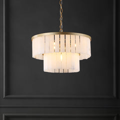 Two-Tier Chandelier with 4 LED Lights, White Shade in Gold Finish