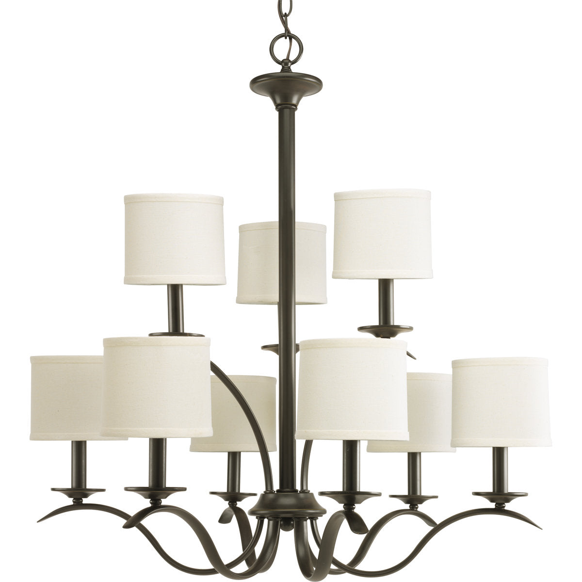 Two-Tier Chandelier with 9 Lights and Off-White Drum Shades in Antique Bronze
