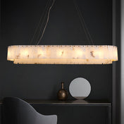 Two-Tier Oval Chandelier, 54 in Wide, Alabaster Shade with Brass Finish