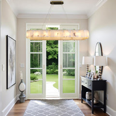 Two-Tier Oval Chandelier, 54 in Wide, Alabaster Shade with Brass Finish