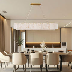 Two-Tier Oval Chandelier, 54 in Wide, Alabaster Shade with Brass Finish