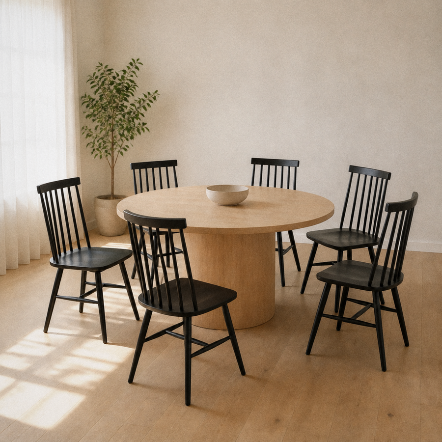 In a room | the set of six pulled up to a pale-oak dining table, soft morning sidelight from the left window