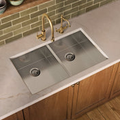 Undermount Double Bowl Sink, 37 Inch, 16 Gauge in Brushed Stainless Steel