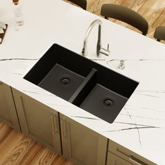 Undermount Kitchen Sink, 50/50 Double Bowl, Quartz Composite, 32 Inch, Black