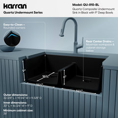 Undermount Kitchen Sink, 50/50 Double Bowl, Quartz Composite, 32 Inch, Black