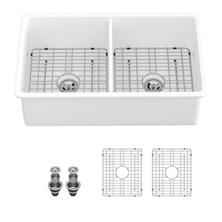 Undermount Kitchen Sink, Double Bowl, Ceramic, 32 Inch, White