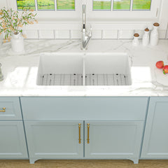 Undermount Kitchen Sink, Double Bowl, Ceramic, 32 Inch, White