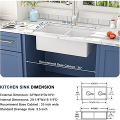 Undermount Kitchen Sink, Double Bowl, Ceramic, 32 Inch, White