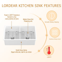 Undermount Kitchen Sink, Double Bowl, Ceramic, 32 Inch, White