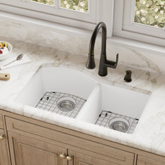 Undermount Kitchen Sink Kit, Double Bowl 60/40, Quartz, 32 x 21 In, White