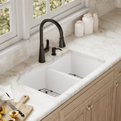 Undermount Kitchen Sink Kit, Double Bowl 60/40, Quartz, 32 x 21 In, White