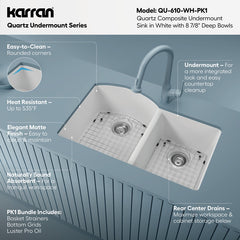 Undermount Kitchen Sink Kit, Double Bowl 60/40, Quartz, 32 x 21 In, White