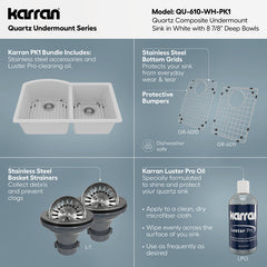 Undermount Kitchen Sink Kit, Double Bowl 60/40, Quartz, 32 x 21 In, White