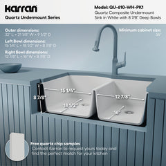 Undermount Kitchen Sink Kit, Double Bowl 60/40, Quartz, 32 x 21 In, White