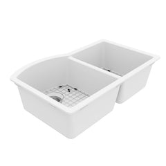 Undermount Kitchen Sink Kit, Double Bowl 60/40, Quartz, 32 x 21 In, White