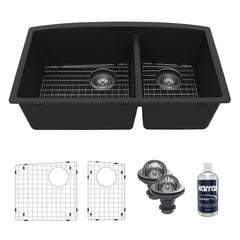 Undermount Kitchen Sink Kit, Double Bowl 60/40, Quartz Composite, 32 x 19.5 In, Black