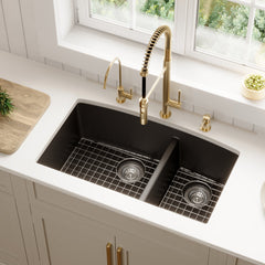 Undermount Kitchen Sink Kit, Double Bowl 60/40, Quartz Composite, 32 x 19.5 In, Black