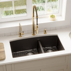 Undermount Kitchen Sink Kit, Double Bowl 60/40, Quartz Composite, 32 x 19.5 In, Black