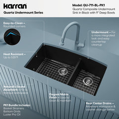 Undermount Kitchen Sink Kit, Double Bowl 60/40, Quartz Composite, 32 x 19.5 In, Black