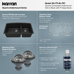 Undermount Kitchen Sink Kit, Double Bowl 60/40, Quartz Composite, 32 x 19.5 In, Black