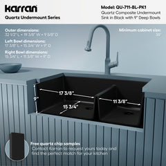 Undermount Kitchen Sink Kit, Double Bowl 60/40, Quartz Composite, 32 x 19.5 In, Black
