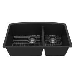Undermount Kitchen Sink Kit, Double Bowl 60/40, Quartz Composite, 32 x 19.5 In, Black