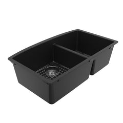 Undermount Kitchen Sink Kit, Double Bowl 60/40, Quartz Composite, 32 x 19.5 In, Black