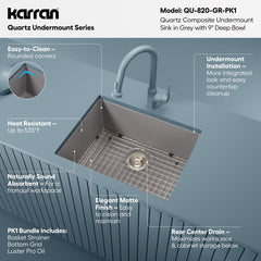 Undermount Kitchen Sink Kit, Single Bowl, Quartz, 24-3/8 x 19-1/8 In, Gray
